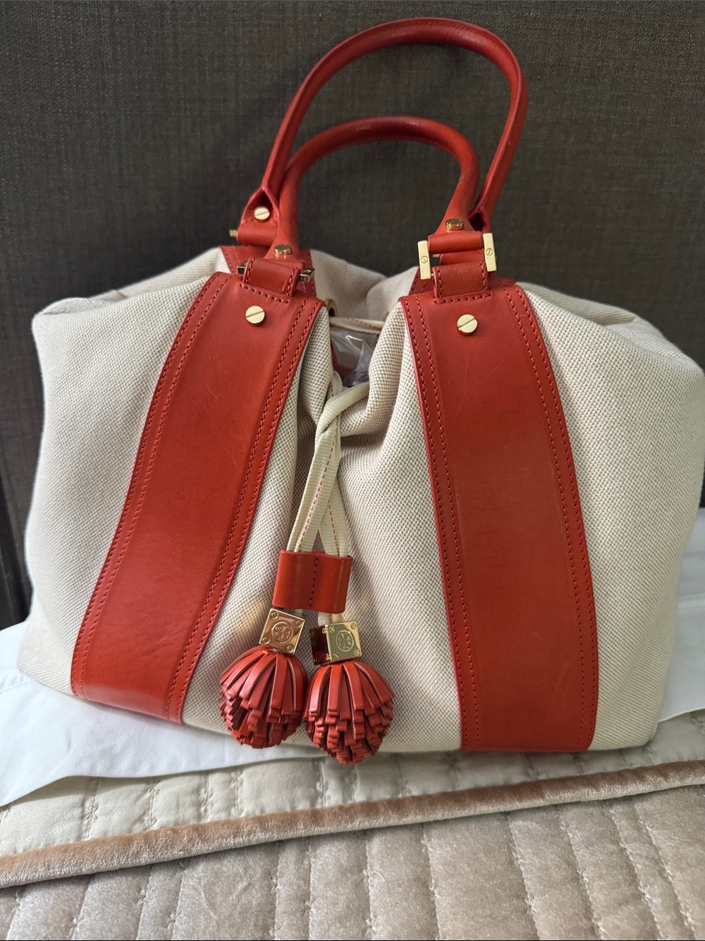 Tory Burch Cream Canvas Tote with Red Leather Trim and Tassels